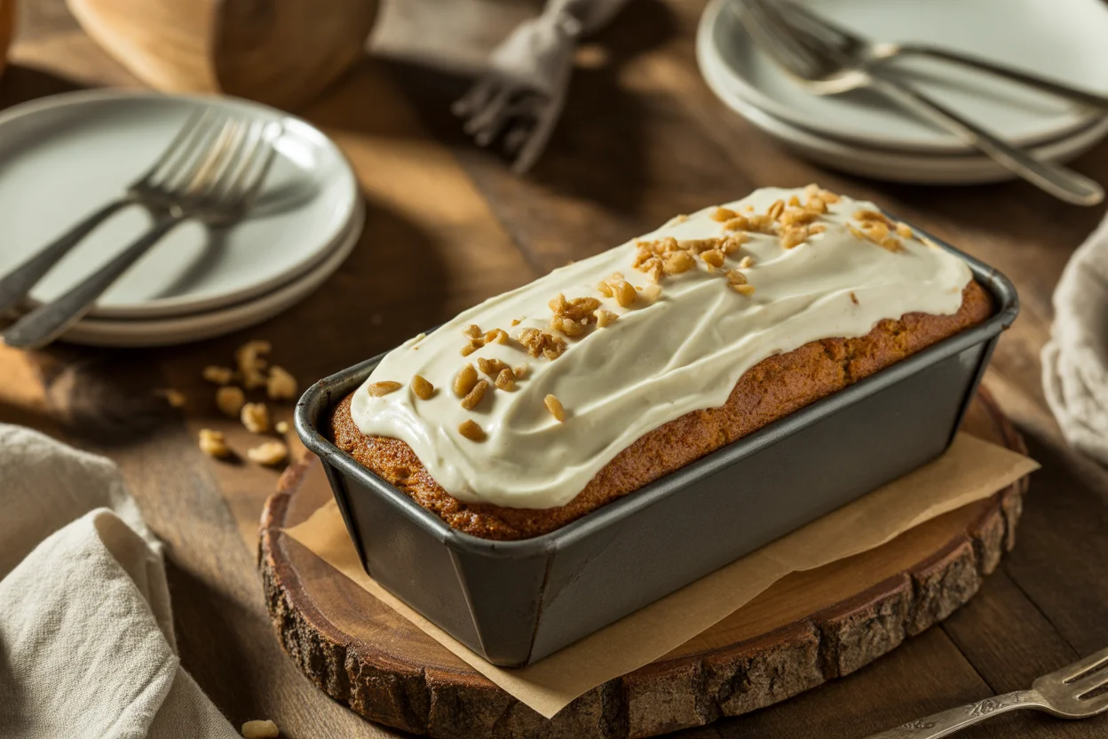 small batch carrot cake in a loaf pan