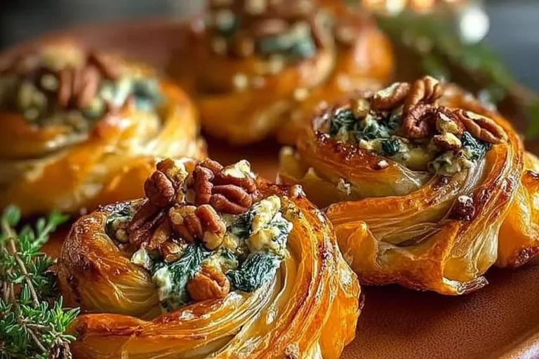 Delicious blue cheese walnut thyme puff pastry twirl on a serving platter.