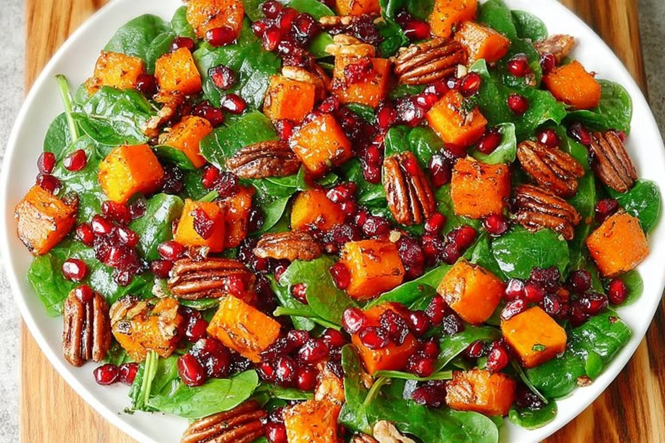 Butternut squash salad topped with spinach, pecans, cranberries, and pomegranate seeds