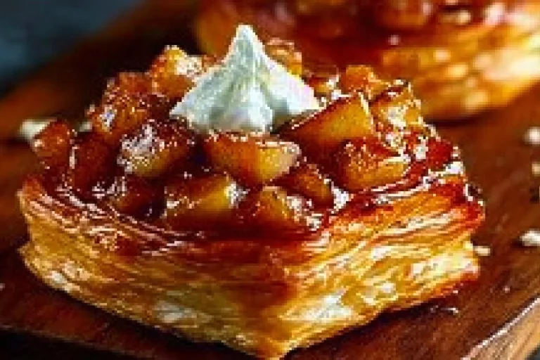 Caramel apple puff pastry dessert topped with caramel drizzle