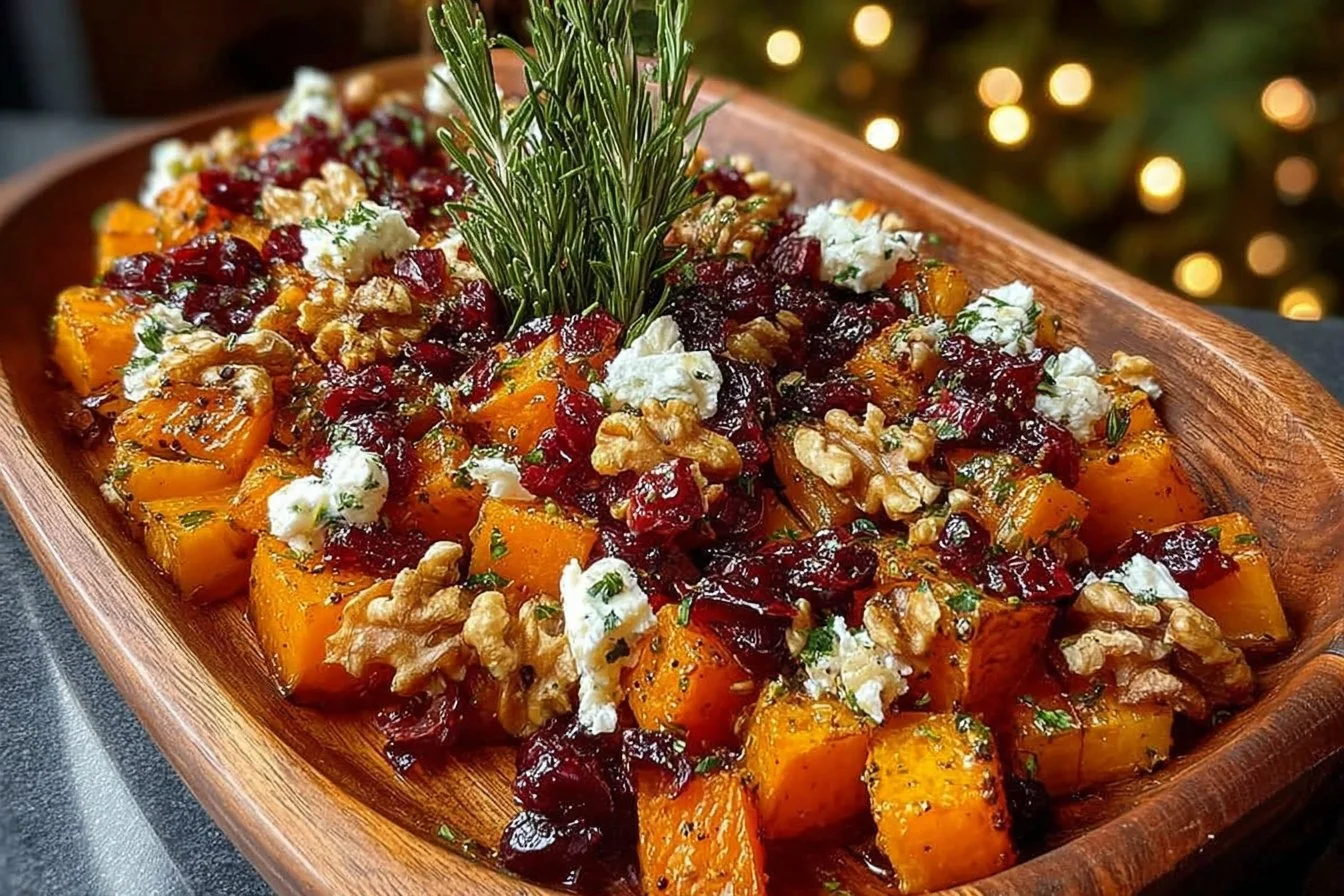 Caramelized butternut squash topped with feta, walnuts, and cranberry-honey glaze