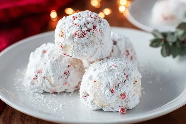Delicious Cherry Walnut Snowball Cookies dusted with powdered sugar on a wooden table.