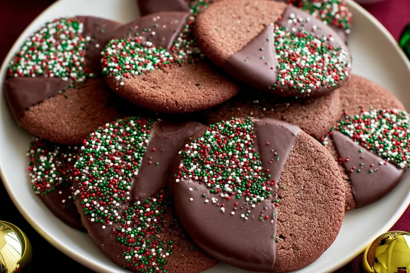 Delicious chocolate shortbread cookies on a plate, ready to be enjoyed.
