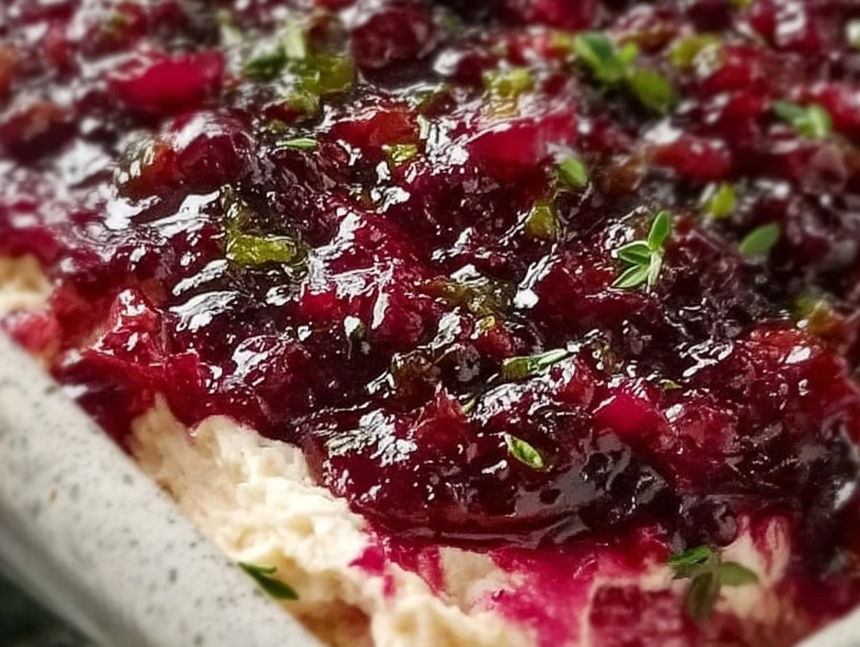 Delicious Christmas Cranberry Jalapeno Dip served in a festive dish
