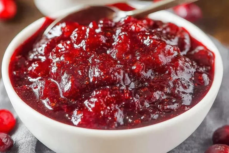 Homemade classic cranberry sauce served in a bowl with cranberries and herbs.