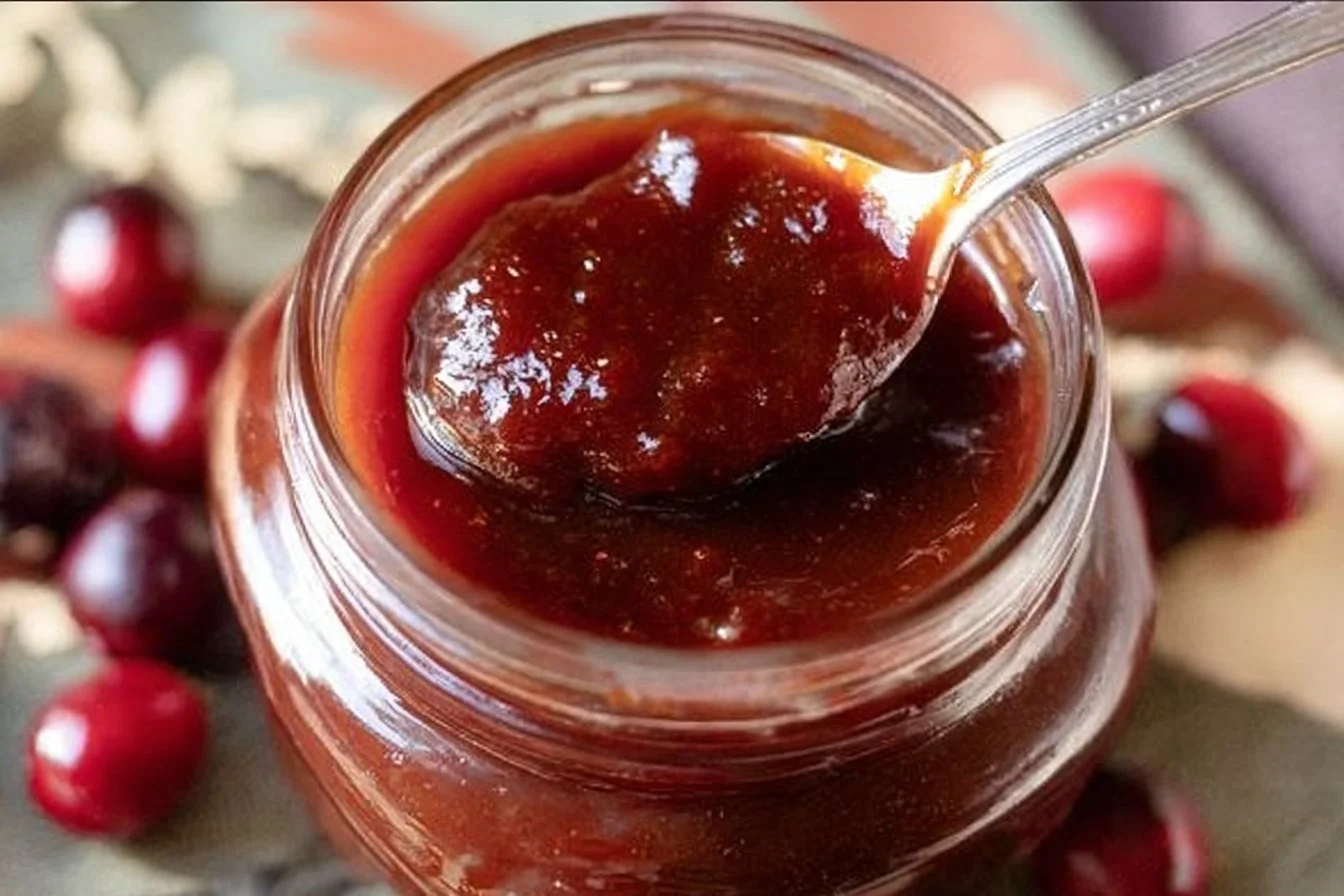 Homemade Cranberry BBQ Sauce in a glass jar, showcasing its rich color and texture.