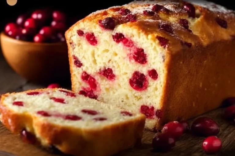 Freshly baked cranberry bread with a golden crust and vibrant cranberries