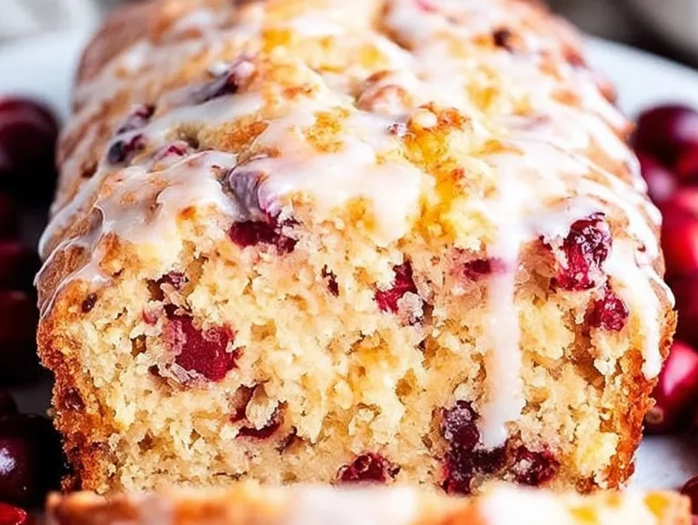 Homemade cranberry bread with a golden crust and fresh cranberries