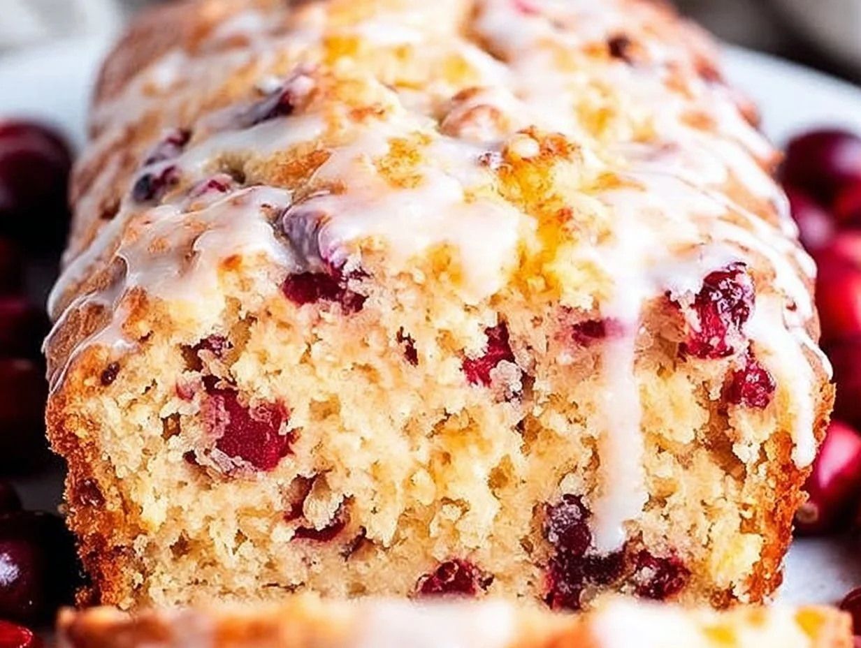 Homemade cranberry bread with a golden crust and fresh cranberries