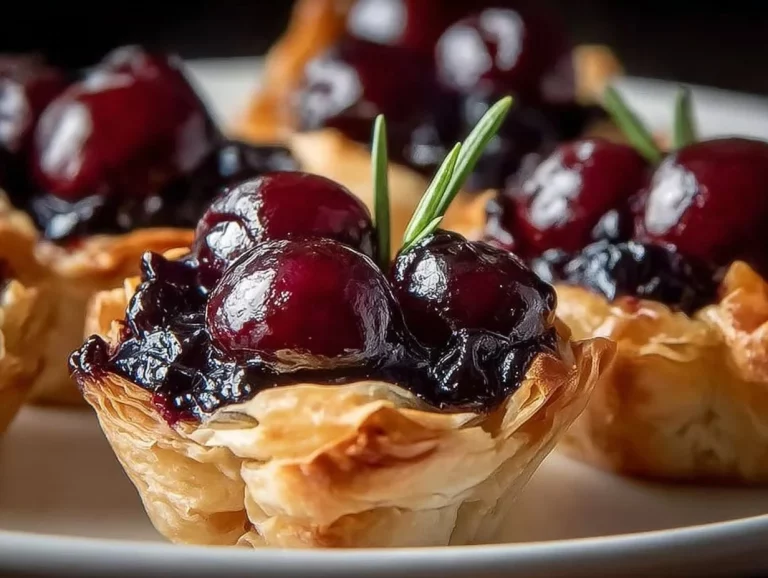 Cranberry Brie Phyllo Cups on a serving platter garnished with herbs