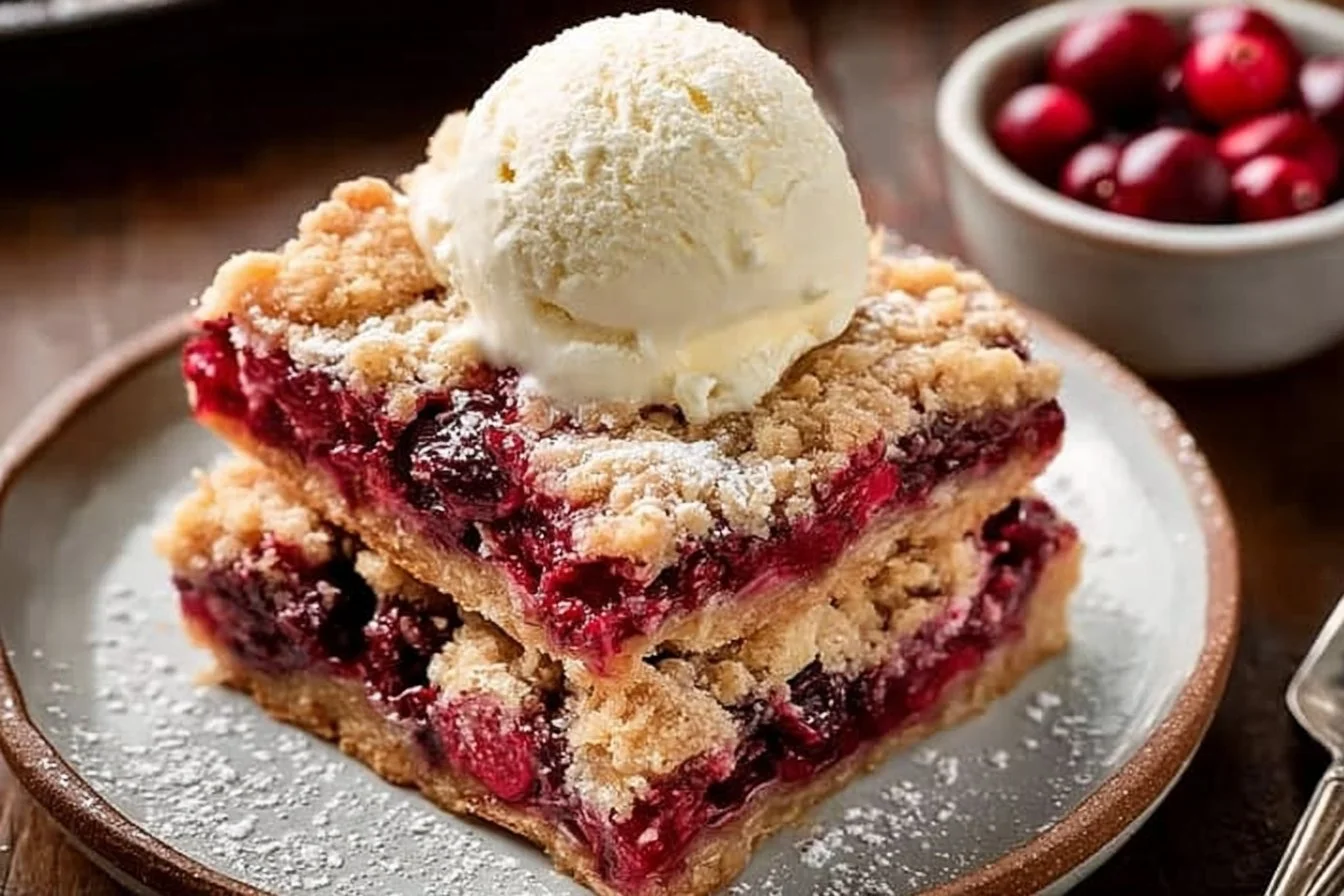 Delicious cranberry crumb bars topped with a golden crumb topping