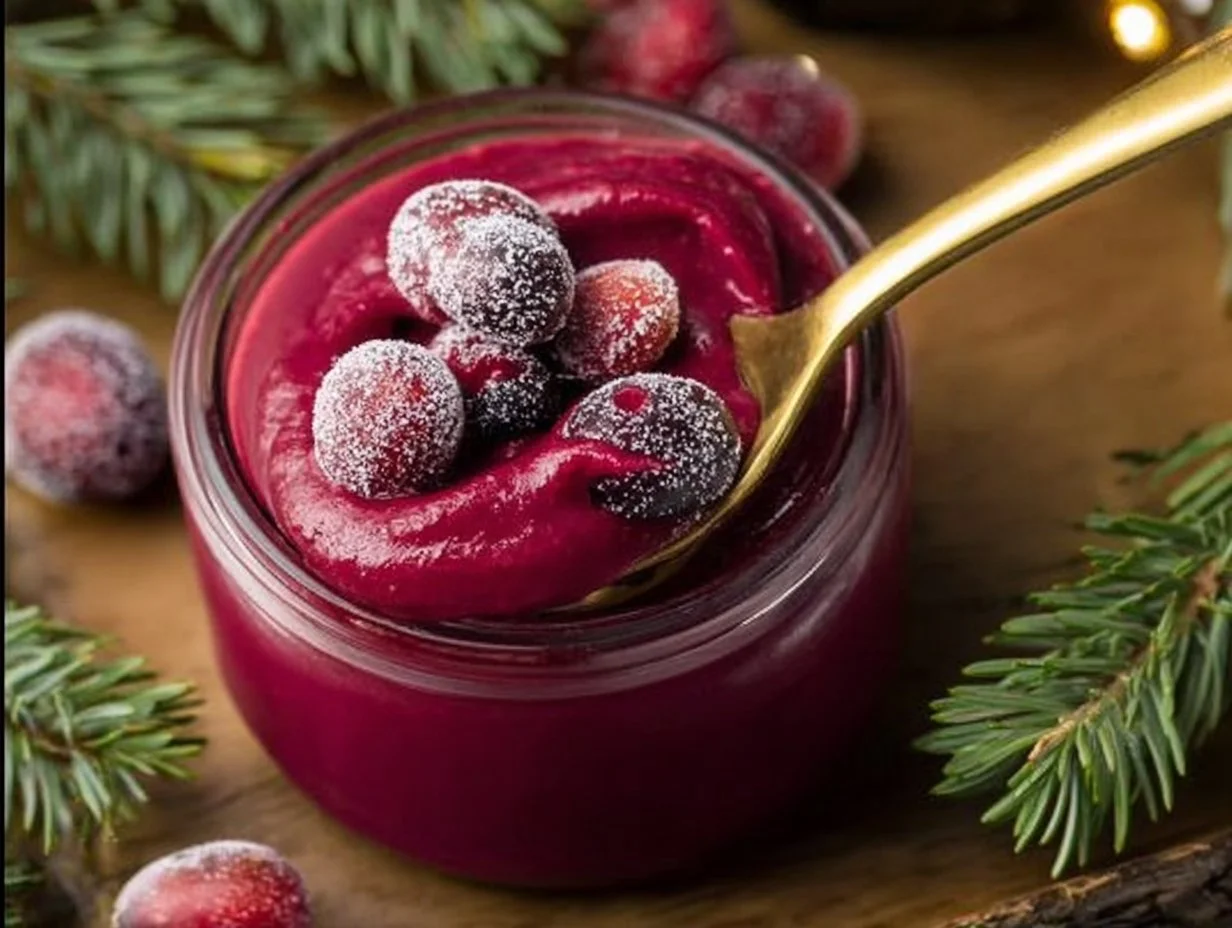 Delicious cranberry curd in a jar, perfect for desserts and spreads.