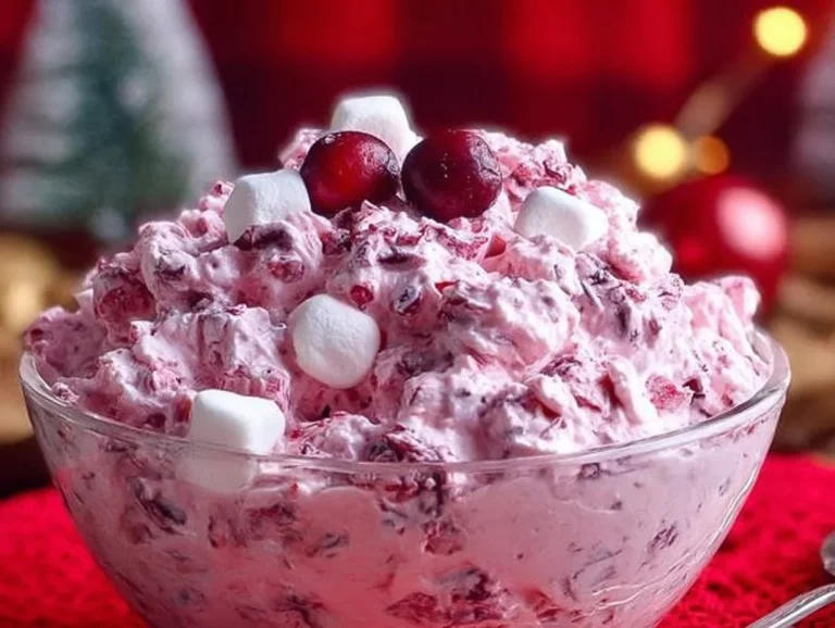 Creamy Cranberry Fluff dessert in a bowl, garnished with cranberries.