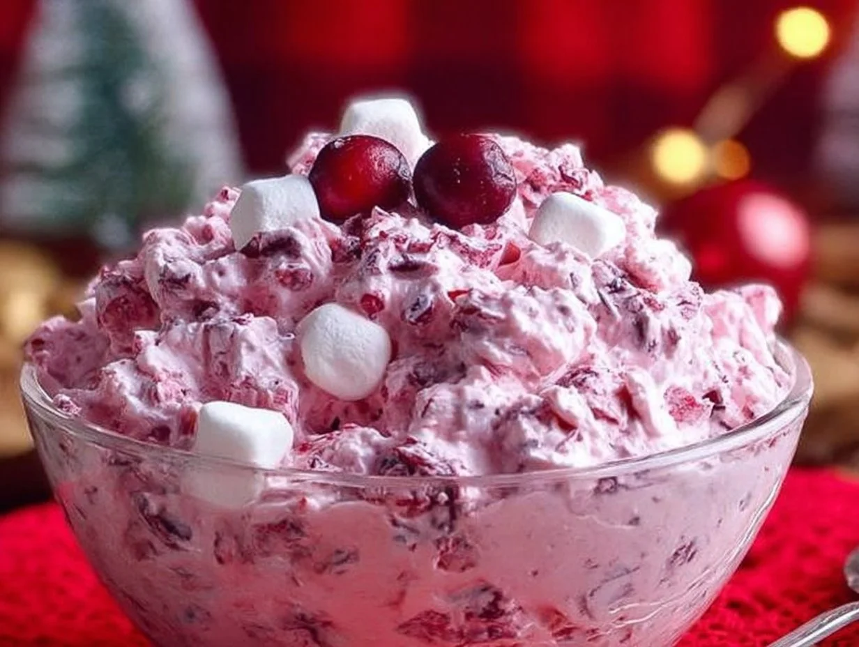 Creamy Cranberry Fluff dessert in a bowl, garnished with cranberries.