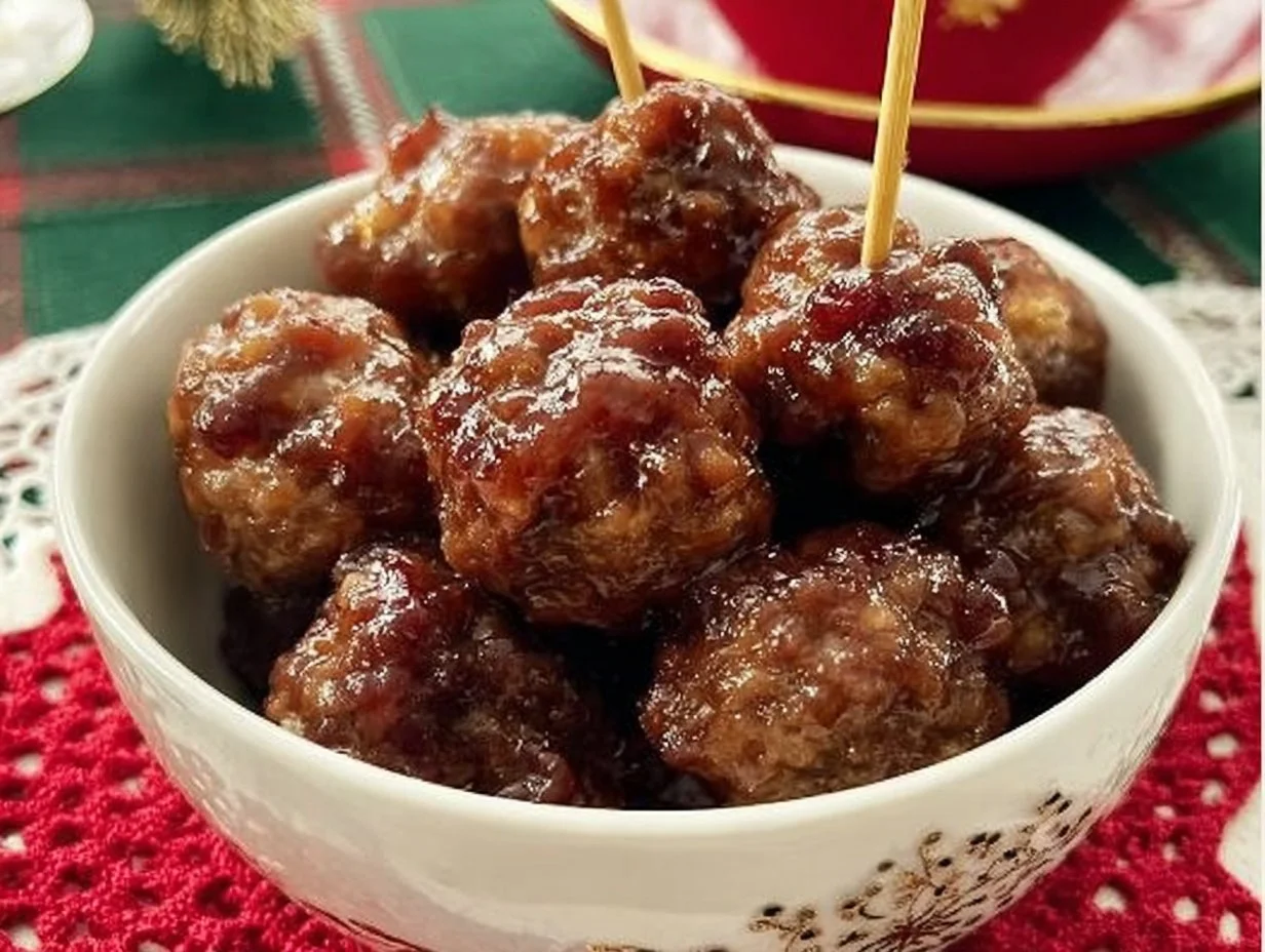 Cranberry glazed veal meatballs served on a plate with garnish