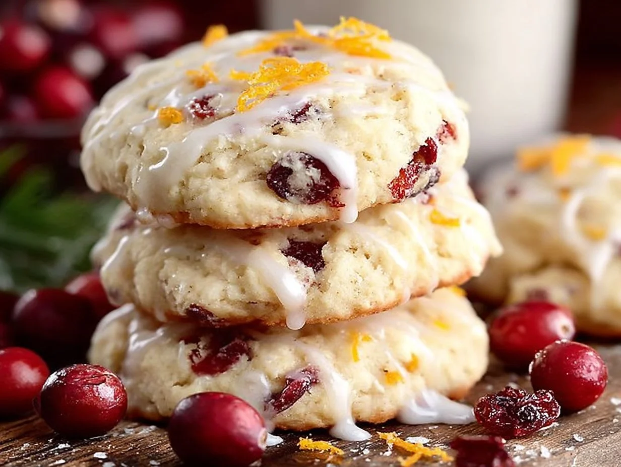 Freshly baked cranberry orange cookies on a cooling rack