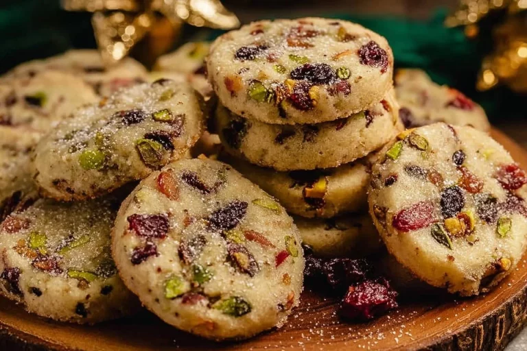 Cranberry Pistachio Shortbread cookies on a festive serving plate