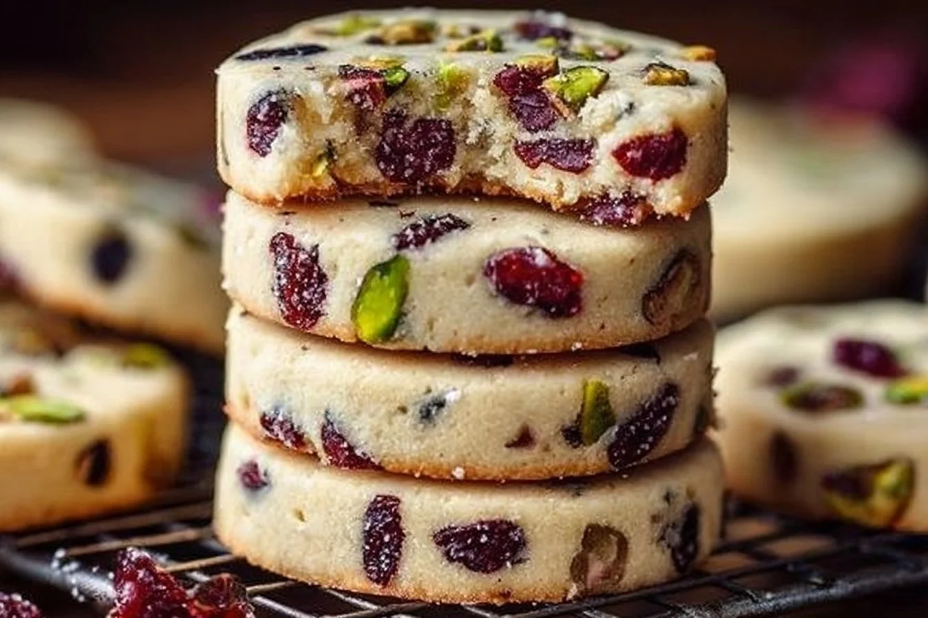 Cranberry pistachio shortbread cookies on a decorative plate