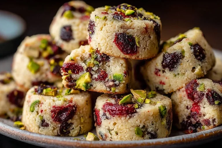 Cranberry Pistachio Shortbread Cookies on a festive plate