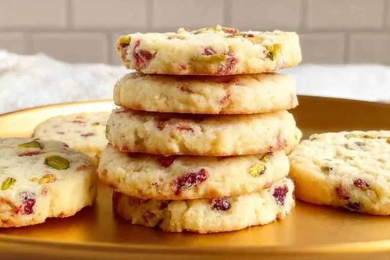 Cranberry Pistachio Shortbread Cookies on a decorative plate