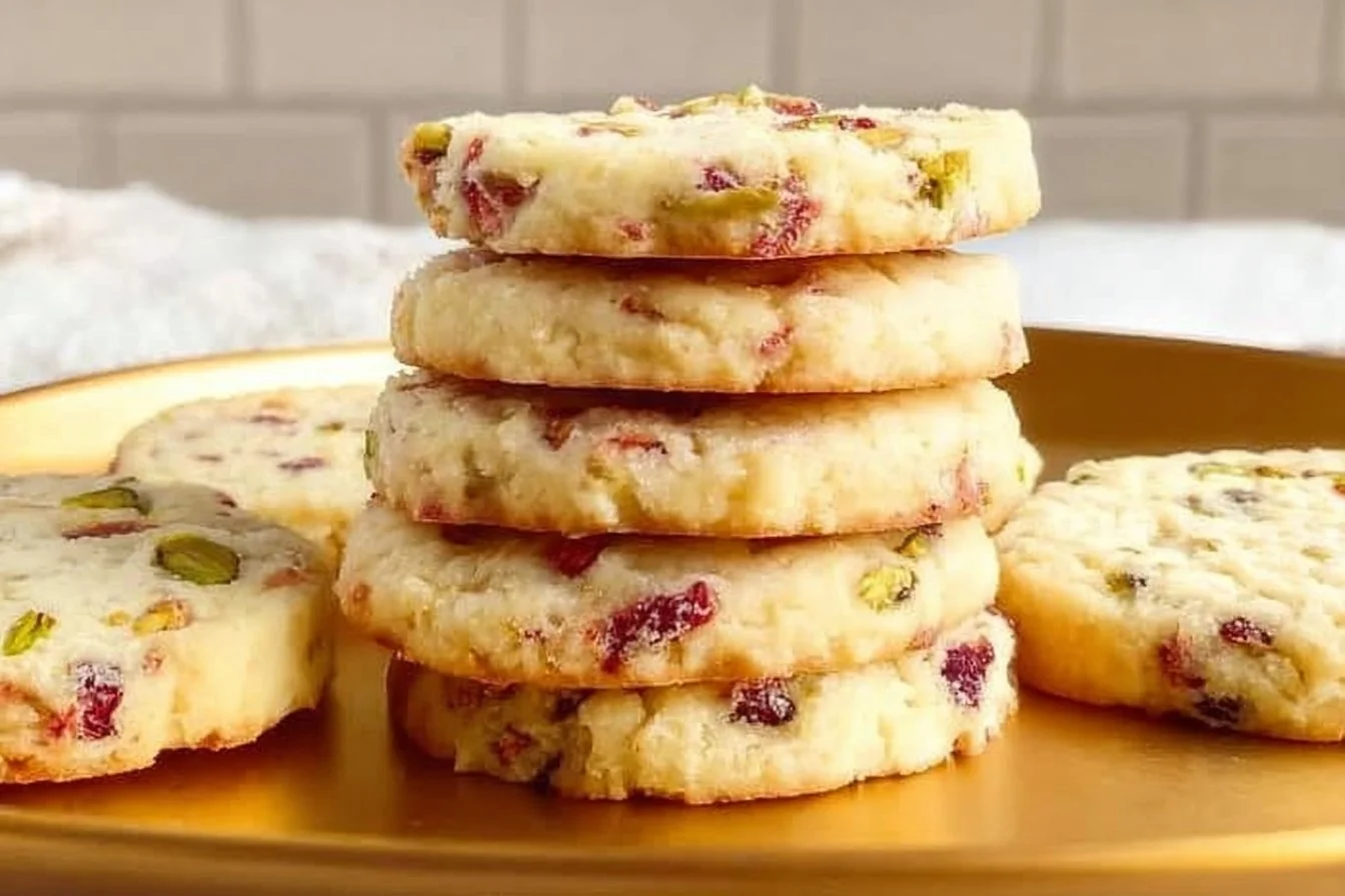 Cranberry Pistachio Shortbread Cookies on a decorative plate