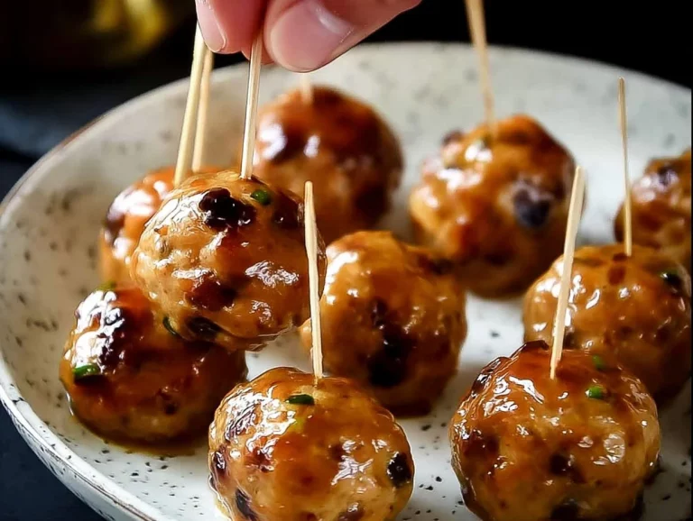 Cranberry turkey meatballs drizzled with maple mustard glaze on a serving platter.