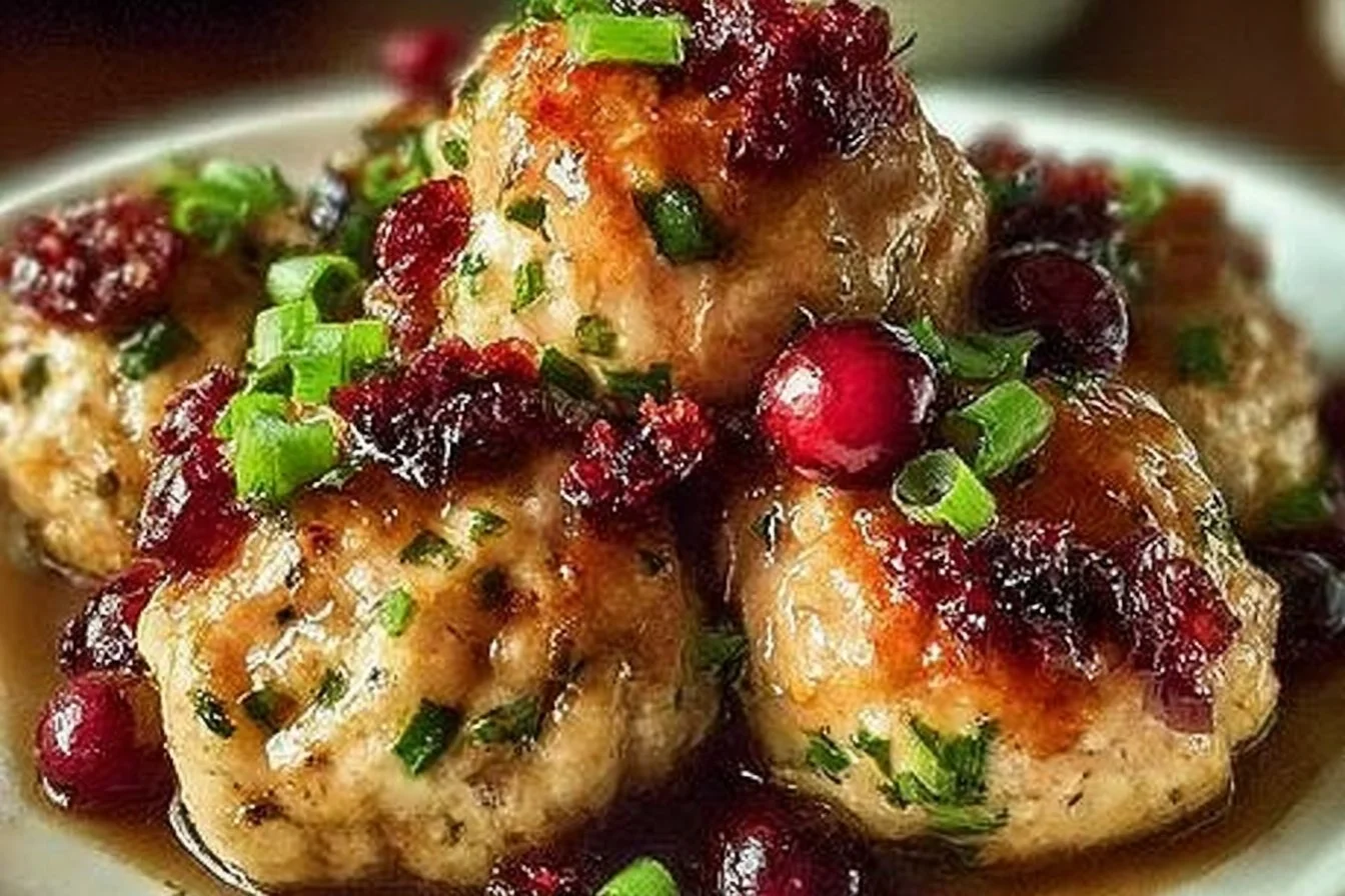 Cranberry Turkey Stuffing Balls served on a plate garnished with herbs