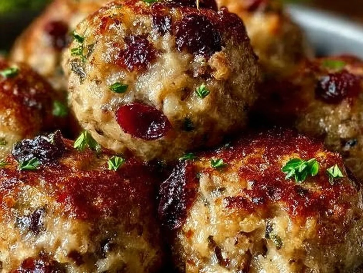 Cranberry Turkey Stuffing Balls ready for serving at a festive dinner