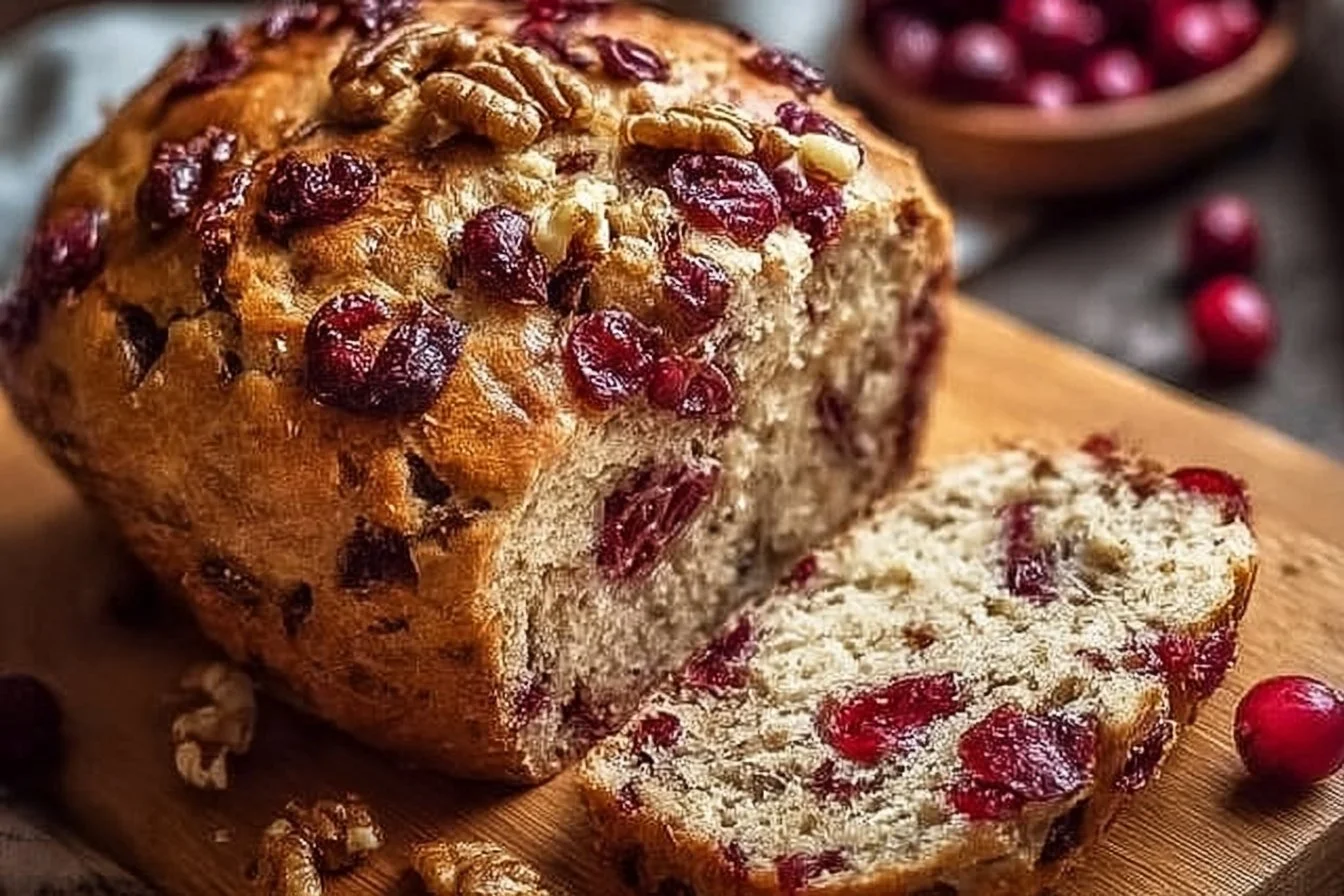 Loaf of freshly baked Cranberry Walnut Bread with cranberries and walnuts.