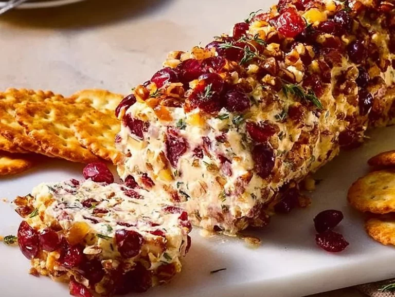 Cranberry Walnut Cheese Log served on a wooden board with fresh garnish.