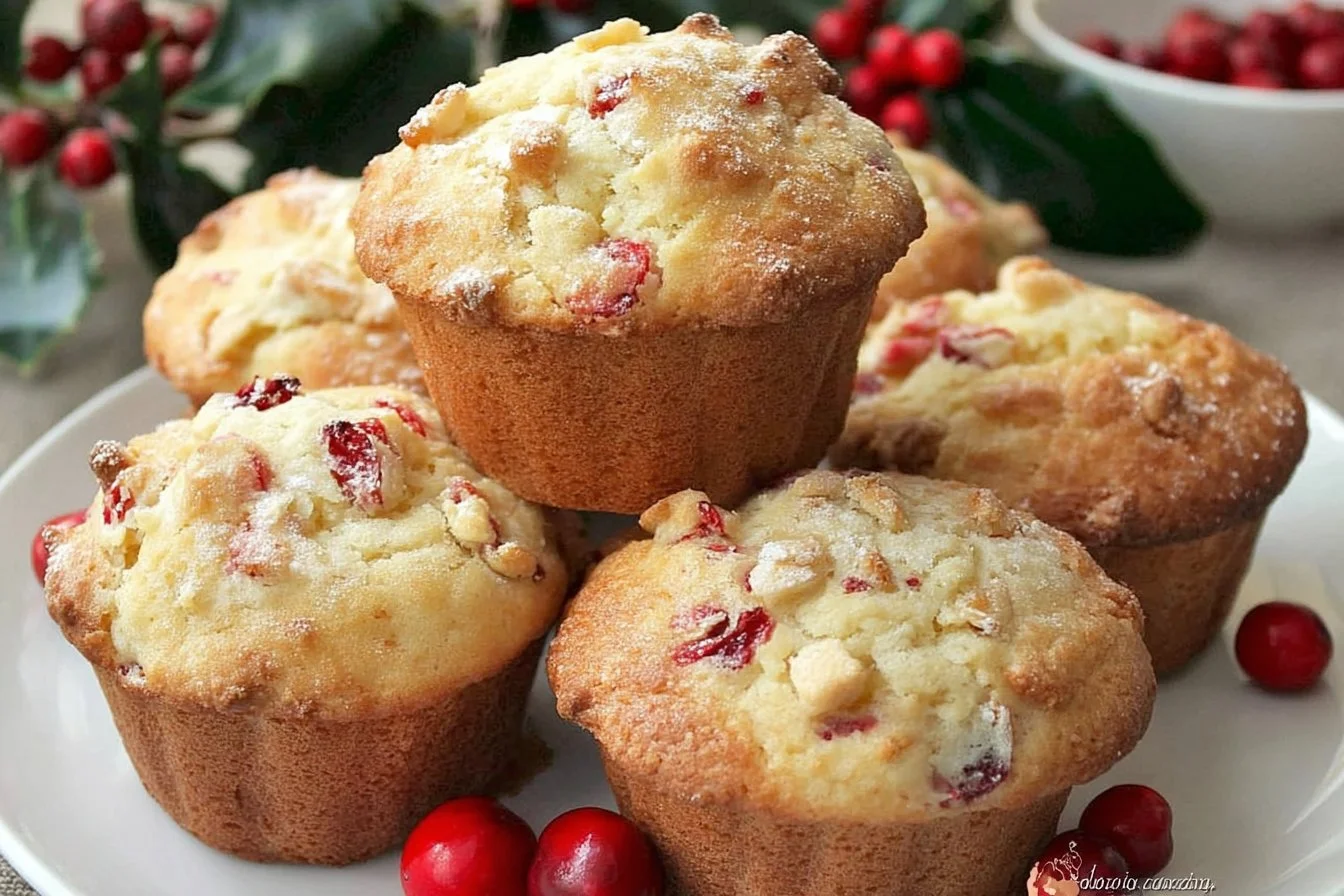 Freshly baked Cranberry White Chocolate Muffins with a fluffy texture.