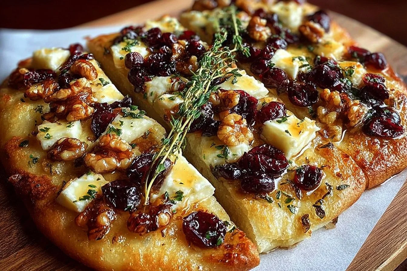 Crispy flatbread with brie cheese, cranberries, toasted walnuts, and honey drizzle