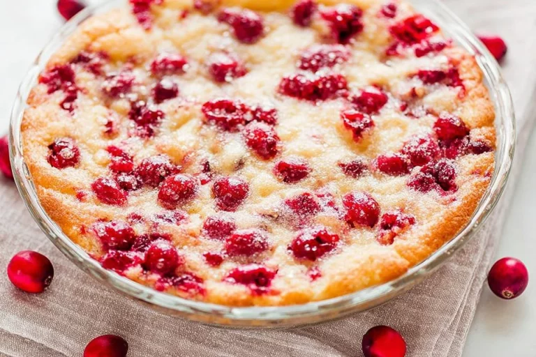 Delicious crustless cranberry pie served on a white plate with fresh cranberries