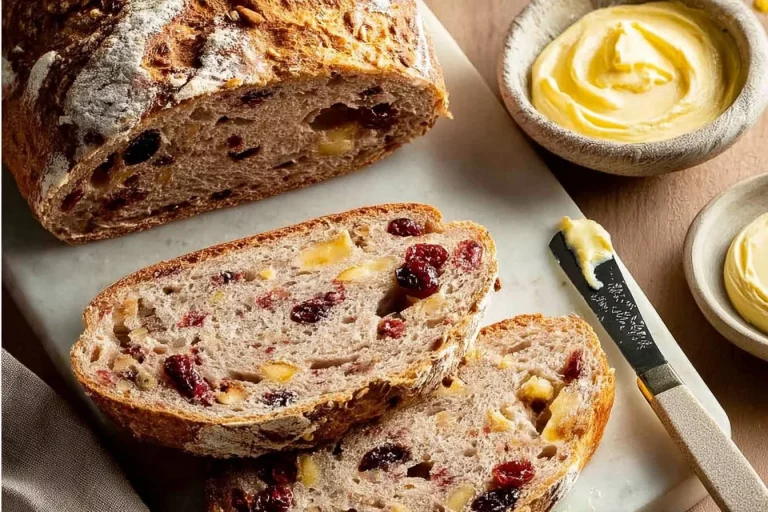 Crusty Cranberry Nut No Knead Bread on a wooden cutting board