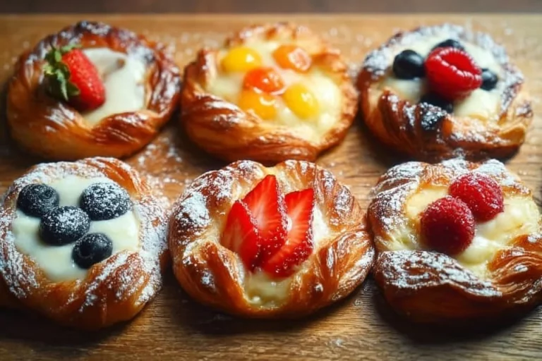 Delicious Danish custard pastry topped with icing and filled with sweet custard