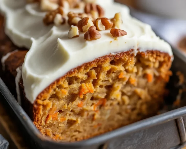 Delicious small batch carrot cake in a loaf pan topped with cream cheese frosting.