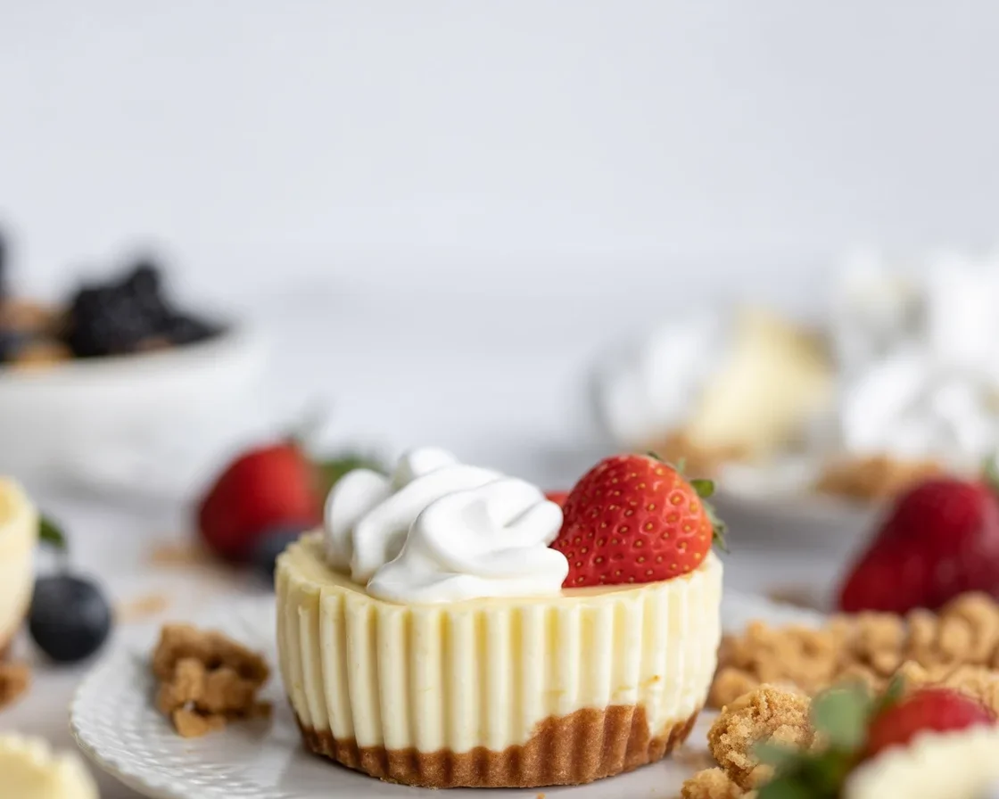 Small batch Greek yogurt berry cheesecake cups topped with fresh berries.