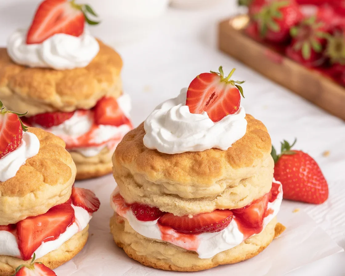 Small batch strawberry shortcake biscuits topped with fresh strawberries and whipped cream