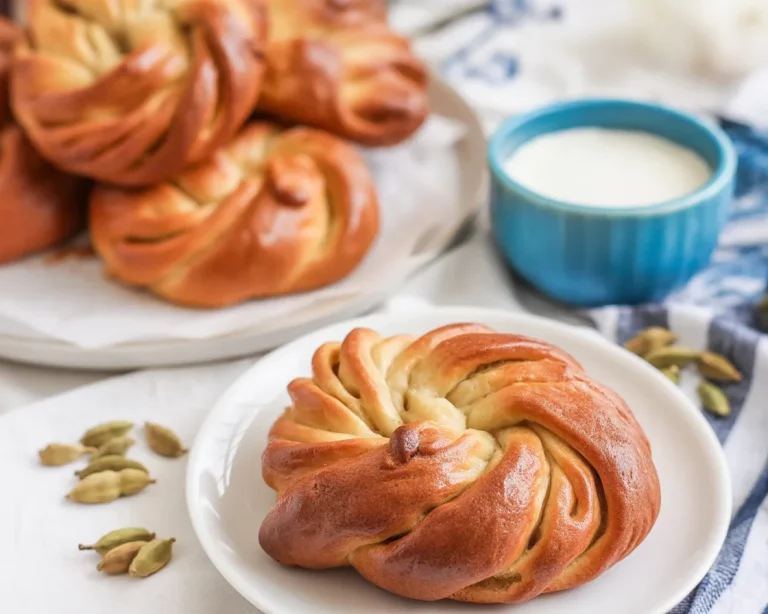 Small batch Swedish cardamom buns fresh out of the oven, sprinkled with pearl sugar.