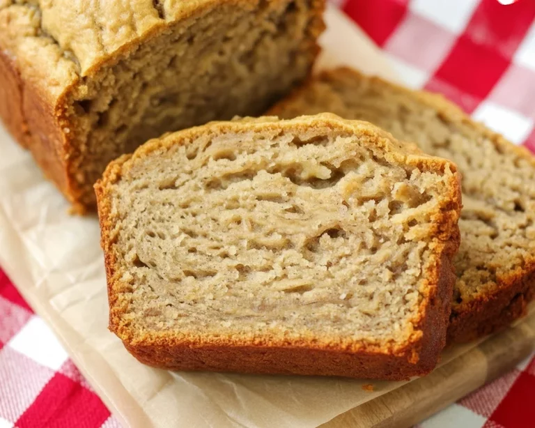 Freshly baked Small Batch Vegan Banana Bread made without eggs or dairy, in a loaf pan.