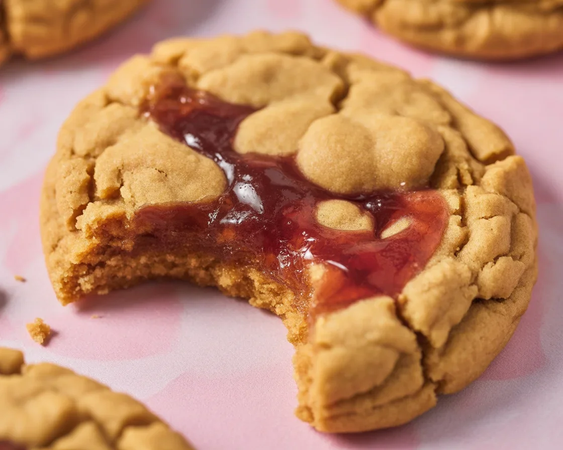 Small Batch Peanut Butter & Jelly Swirl Cookies with glossy jam filling