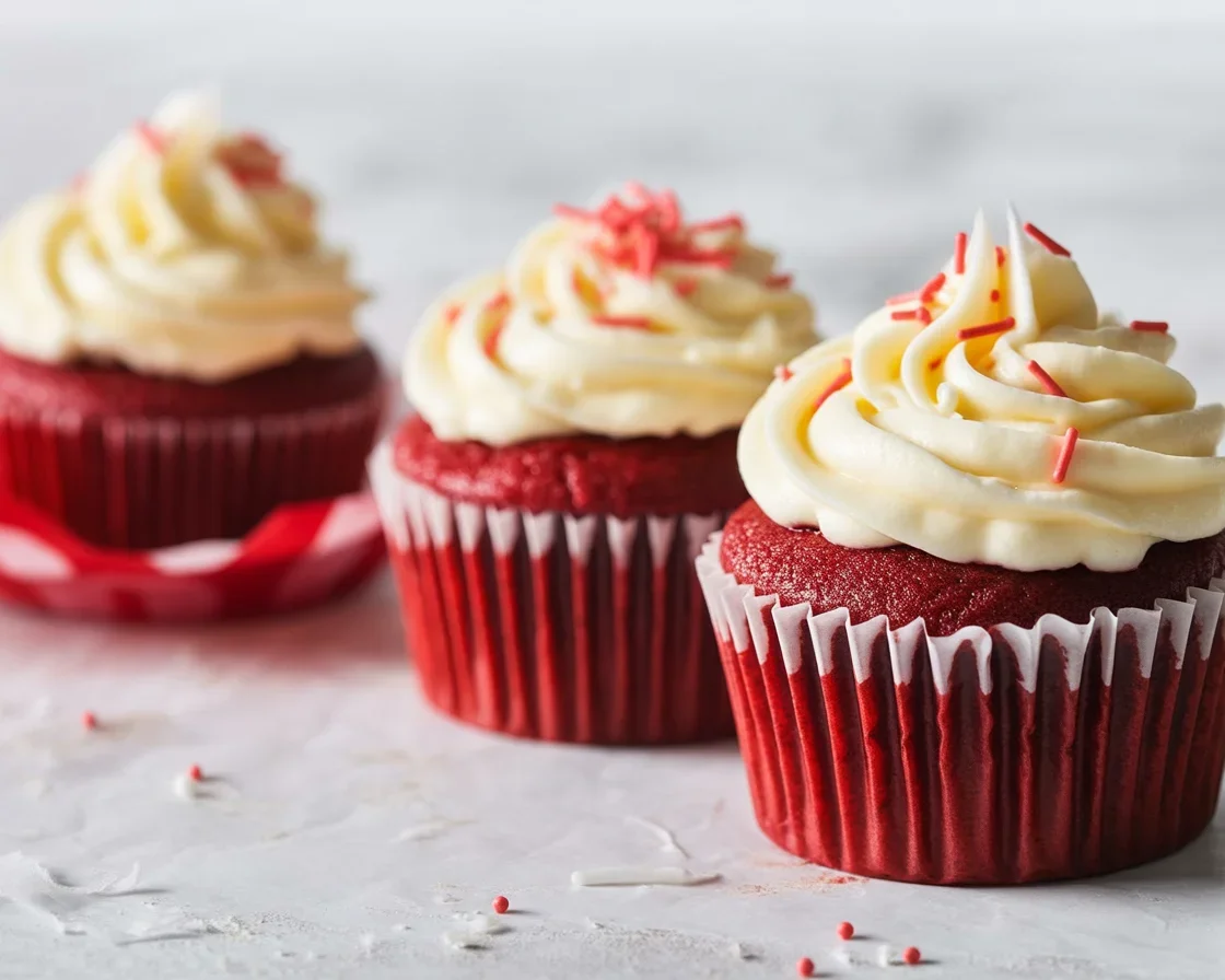 Delicious small batch red velvet cupcakes topped with cream cheese frosting.
