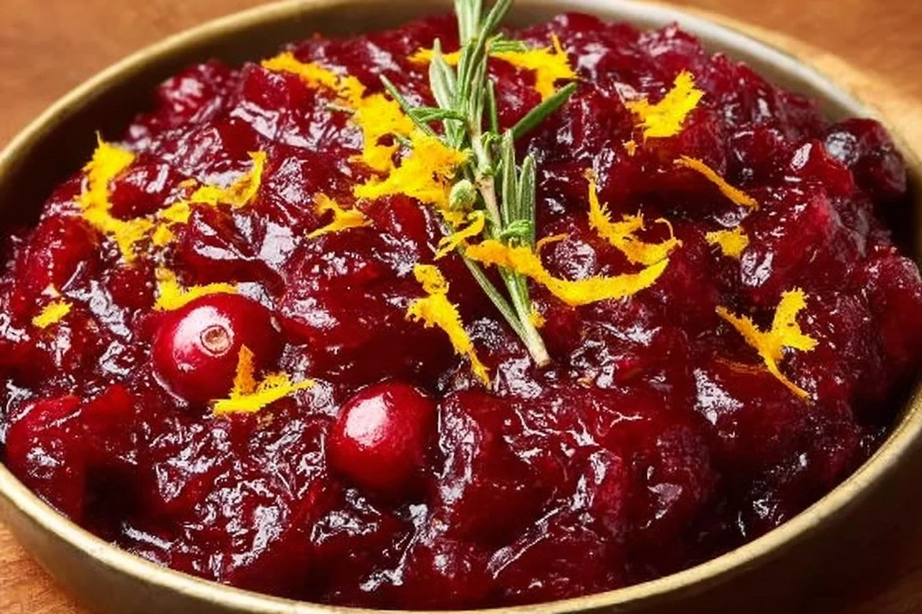 A bowl of vibrant homemade cranberry sauce garnished with orange zest.