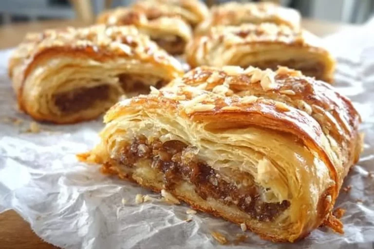 Flaky almond puff pastry on a white plate, garnished for presentation
