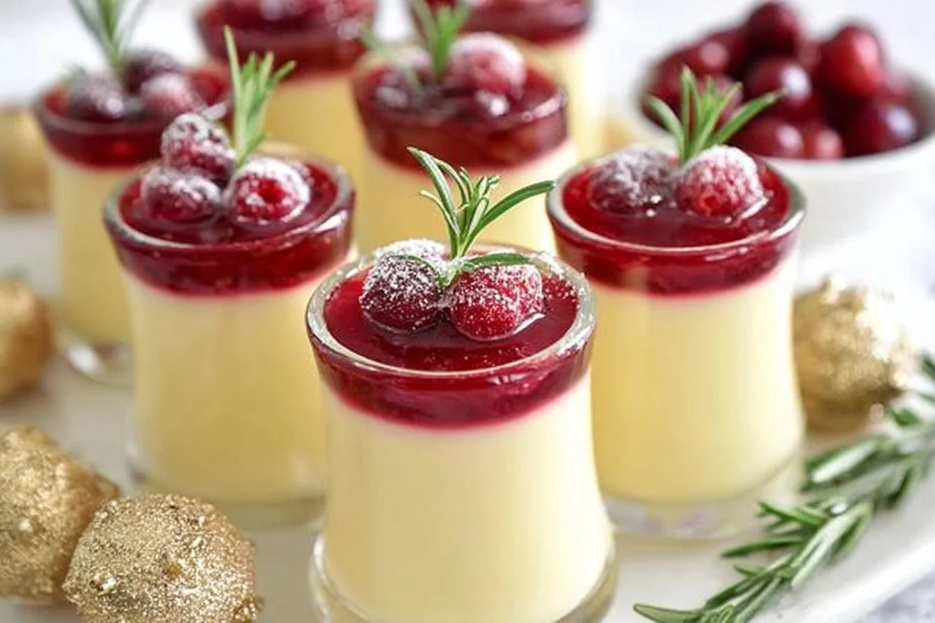 Delicious Eggnog Panna Cotta served with spiked cranberry sauce for a festive dessert
