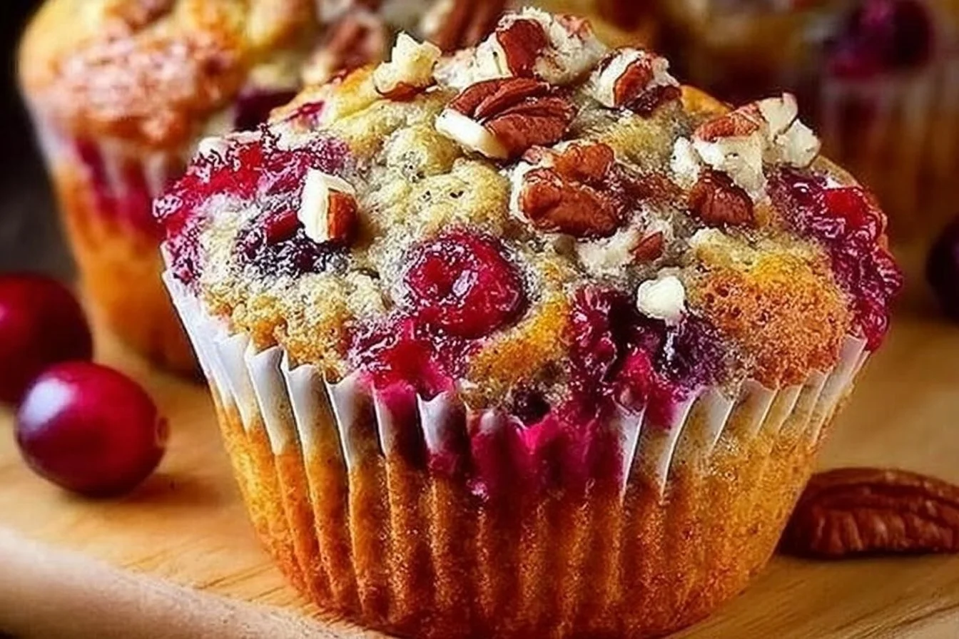 Freshly baked cranberry orange muffins with a golden brown top