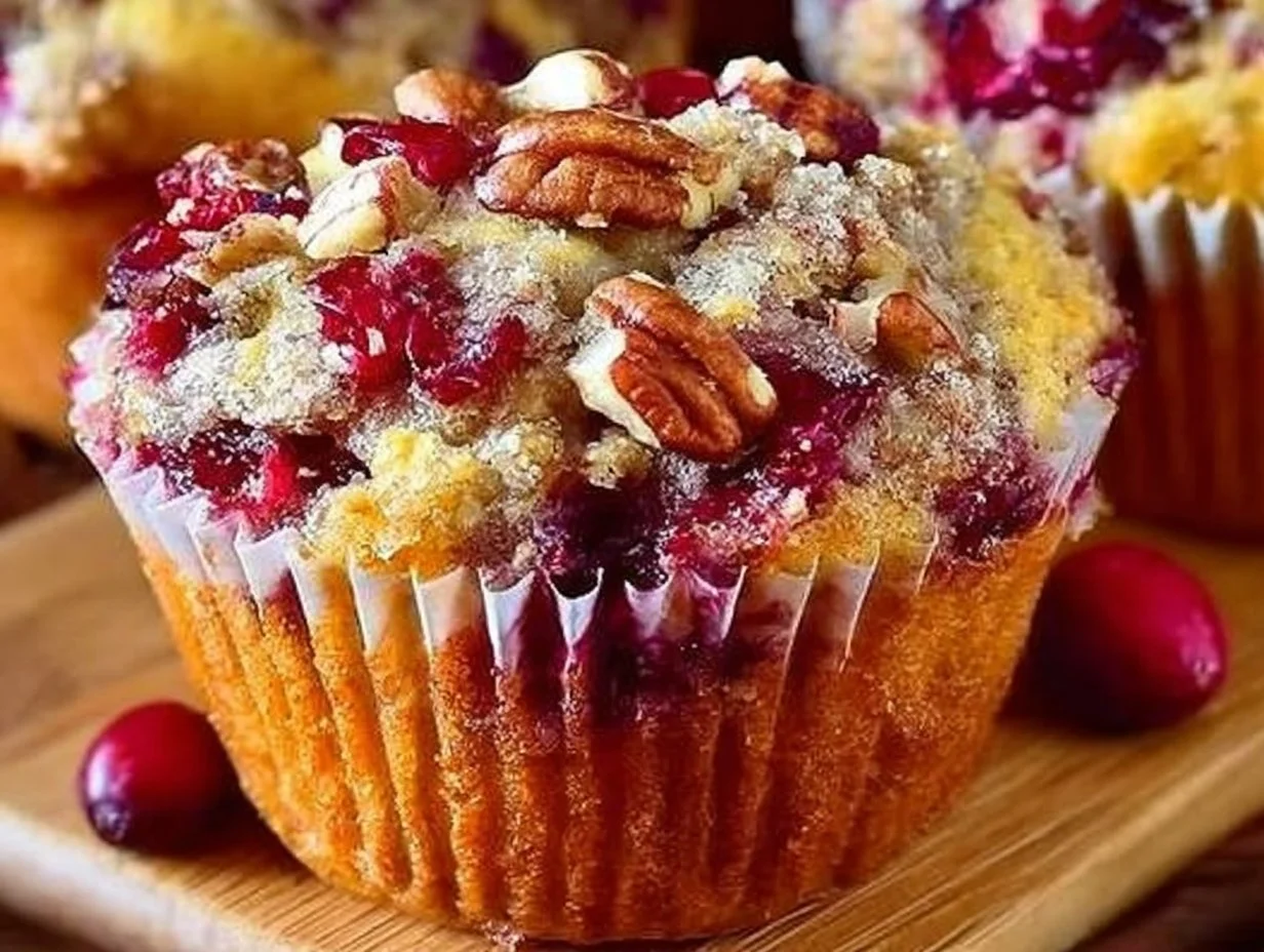 Freshly baked cranberry orange muffins with cranberries and orange zest