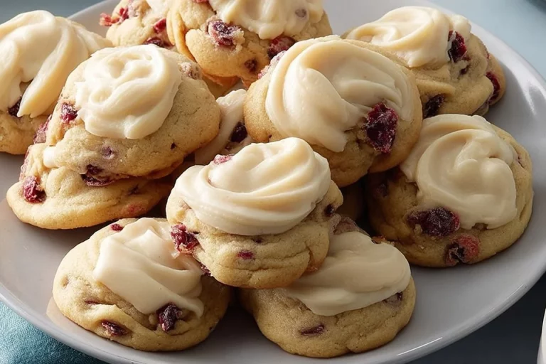 Frosted cranberry drop cookies on a decorative plate