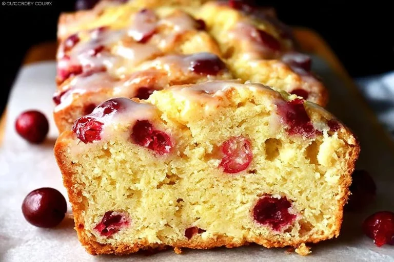 Delicious glazed cranberry bread garnished with fresh cranberries.