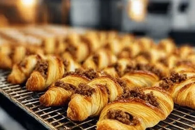 Golden-brown beef and herb pastry twists on a serving platter